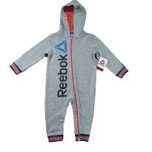 Reebok Gray Fleece Long Sleeve Hooded Romper Baby Boy Size 18M NWT